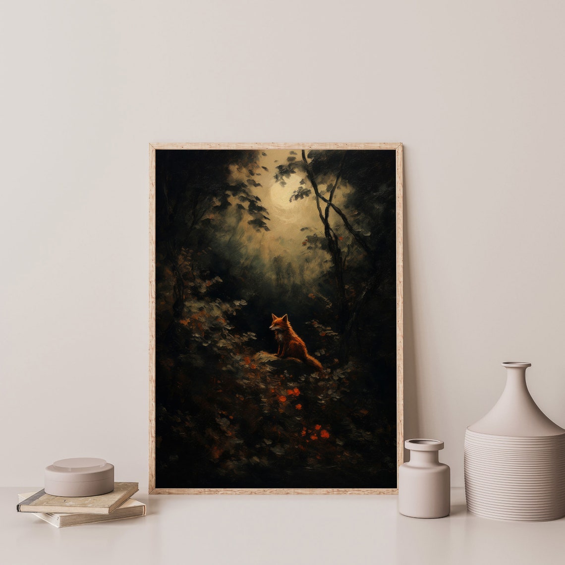 Red Fox Under Moonlight Dark Forest Vintage Wildlife Wall Art - Image 3
