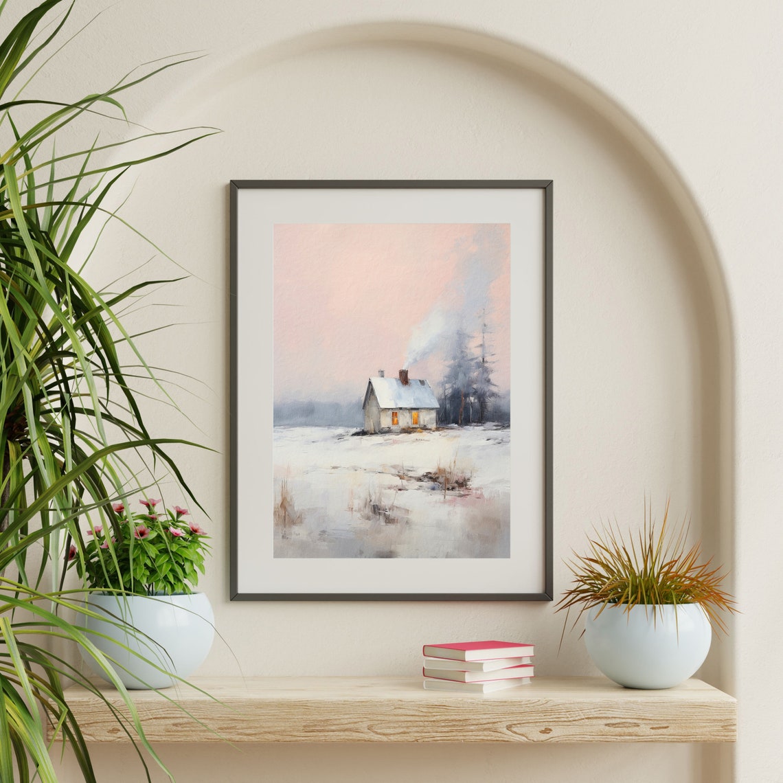 Winter Cottage Print Retro Country Landscape Painting Minimal Vintage Wall Art Farmhouse Decor P 727 - Image 2
