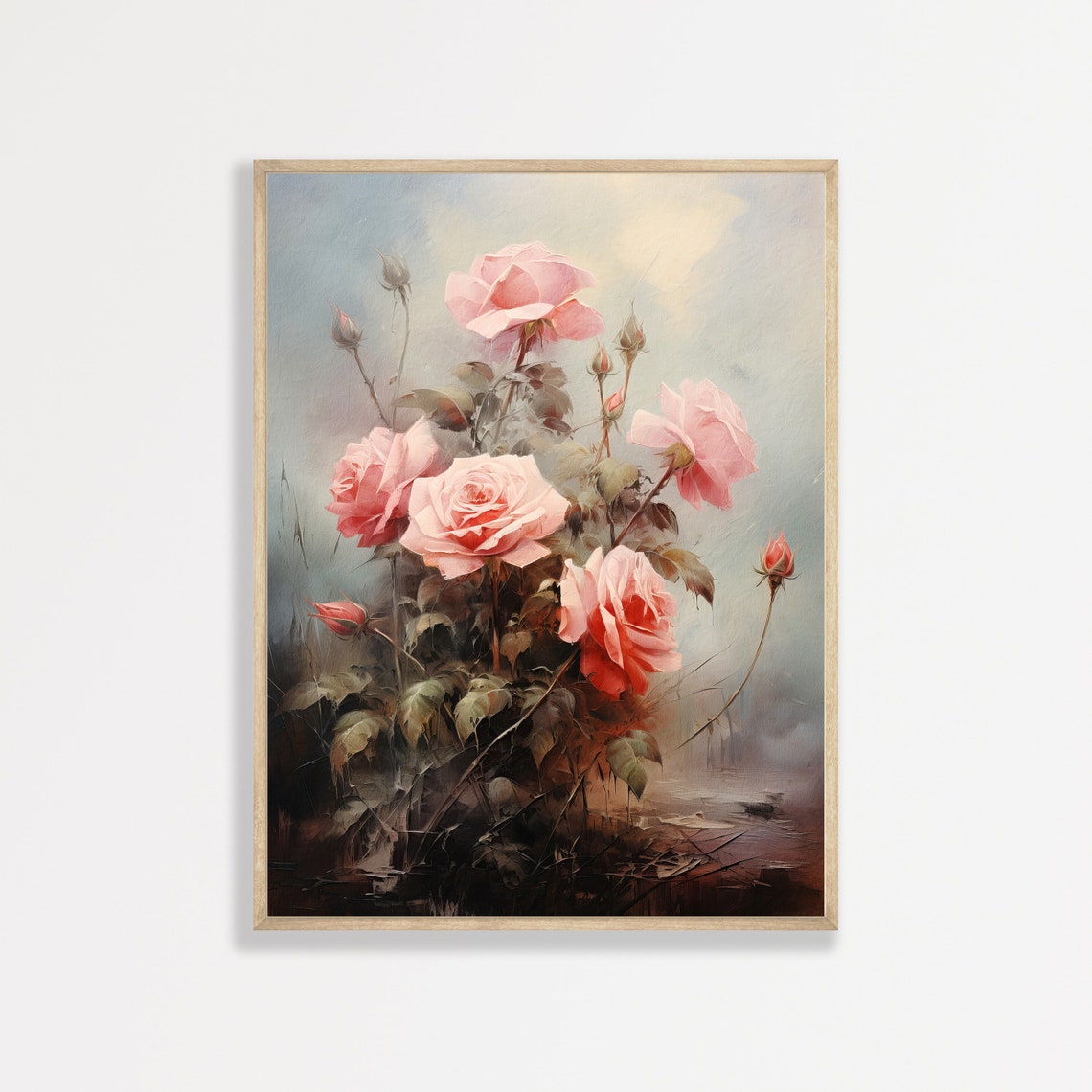 Pink Roses Dark Moody Background Vintage Floral Oil Painting Poster