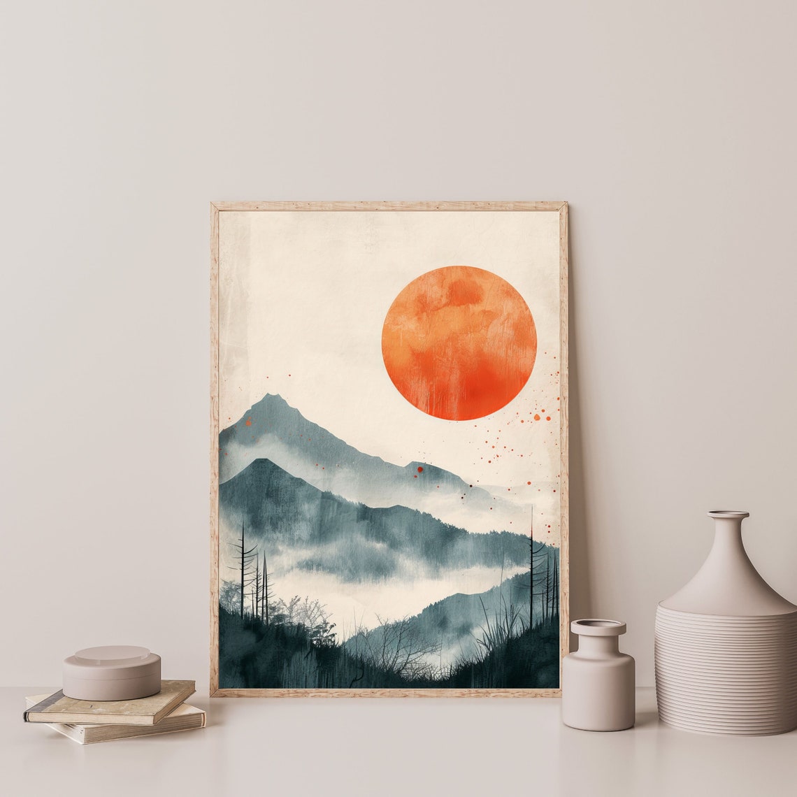 Red Sun Misty Mountain Minimalist Japanese Style Nature Wall Art Print - Image 3