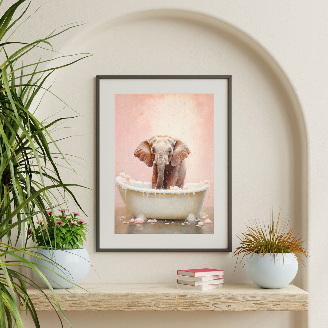 Baby Elephant In Bathtub Pink Water Playful Nursery Animal Bath Poster - Image 2