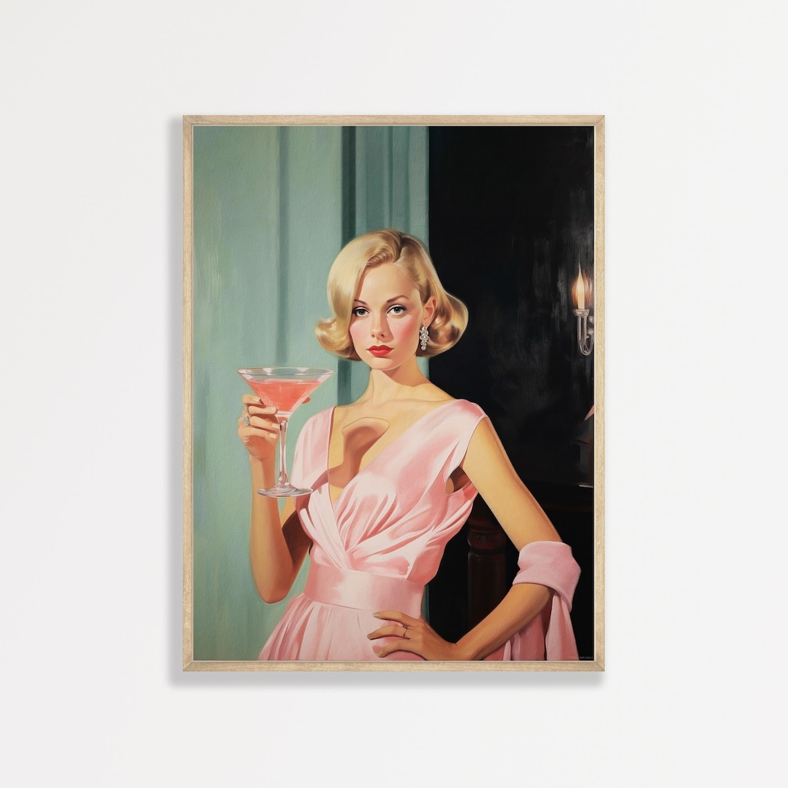 Retro Woman Cocktail Portrait, Vintage Wall Art Print