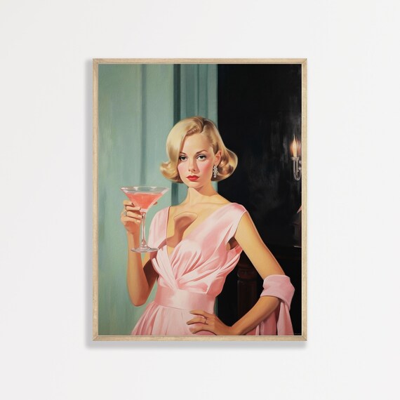 Retro Woman Cocktail Portrait, Vintage Wall Art Print