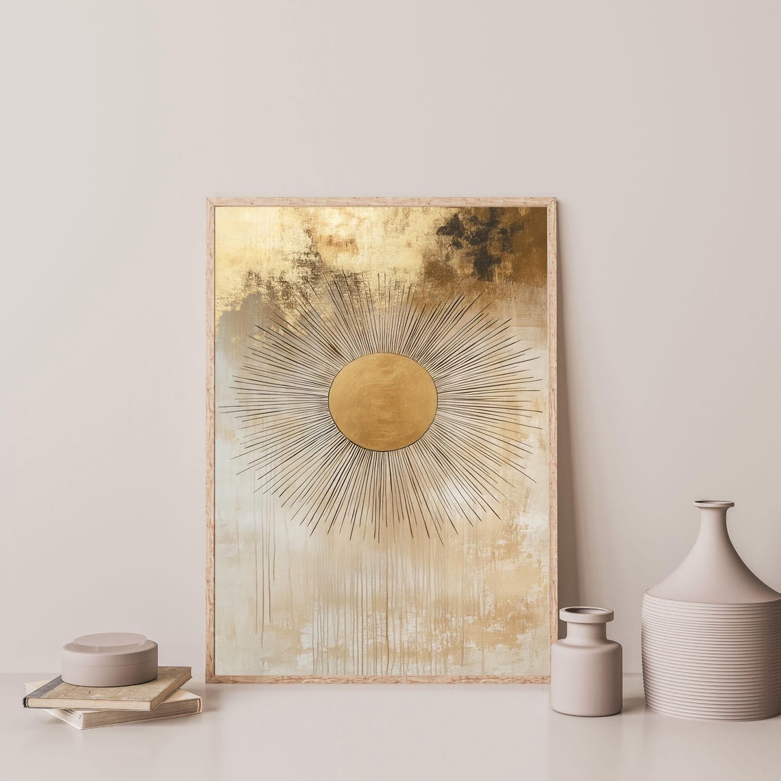 Golden Sunburst Radiant Rays Beige Boho Minimalist Abstract Wall Art - Image 3