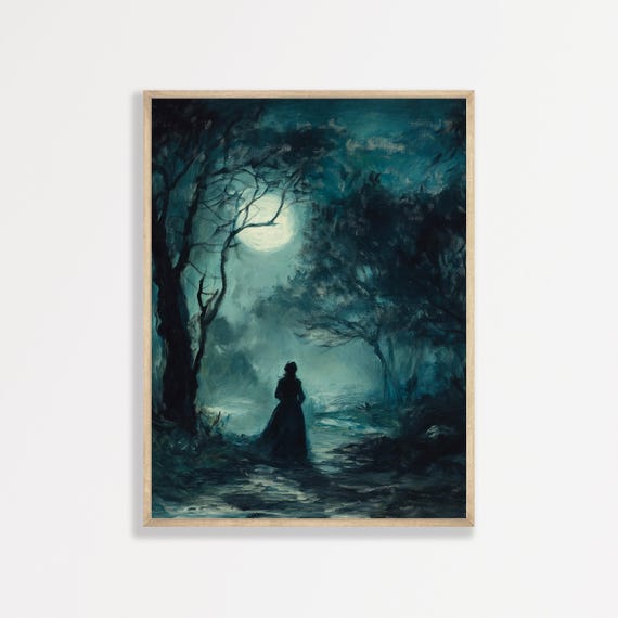 Moonlit Night Painting Dark And Moody Vintage Wall Art Enchanted Night Landscape Print Bedroom Living Room Decor 1005