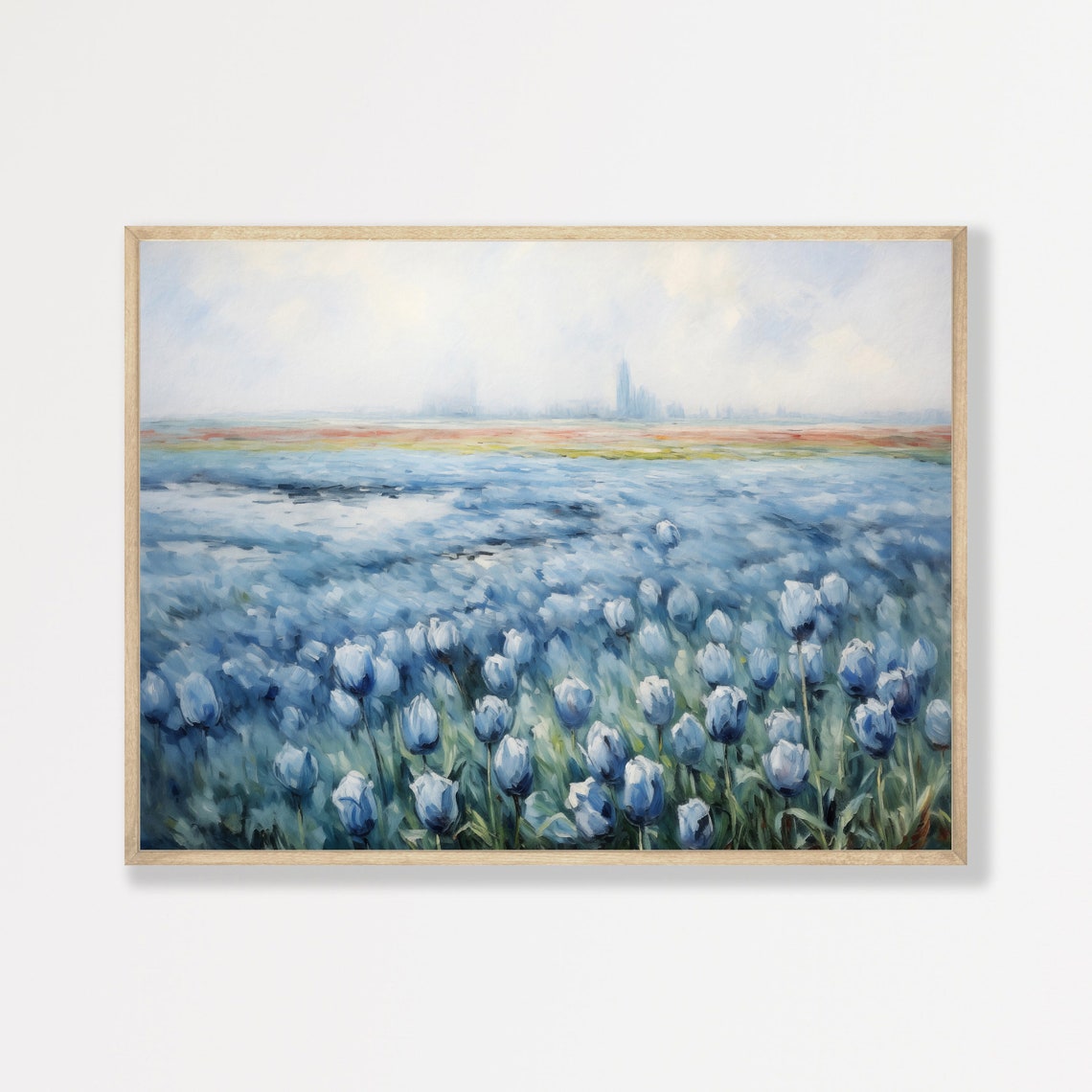 Blue Tulip Field Misty Horizon Vintage Floral Landscape Wall Art