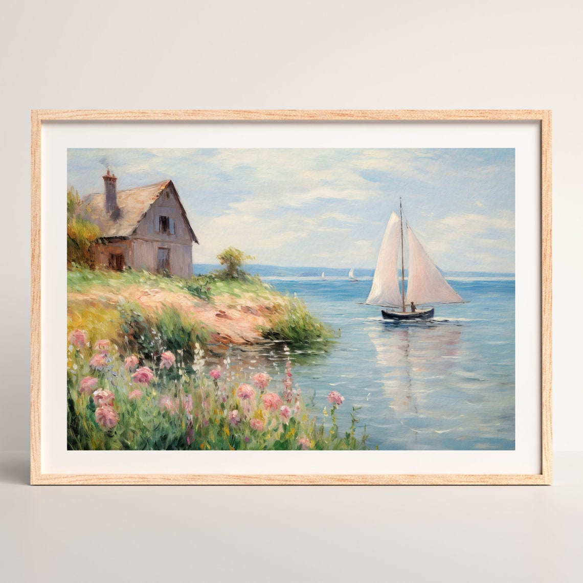 Seaside Cottage Sailboat Pink Wildflowers Blue Bay Painting Poster - Image 2