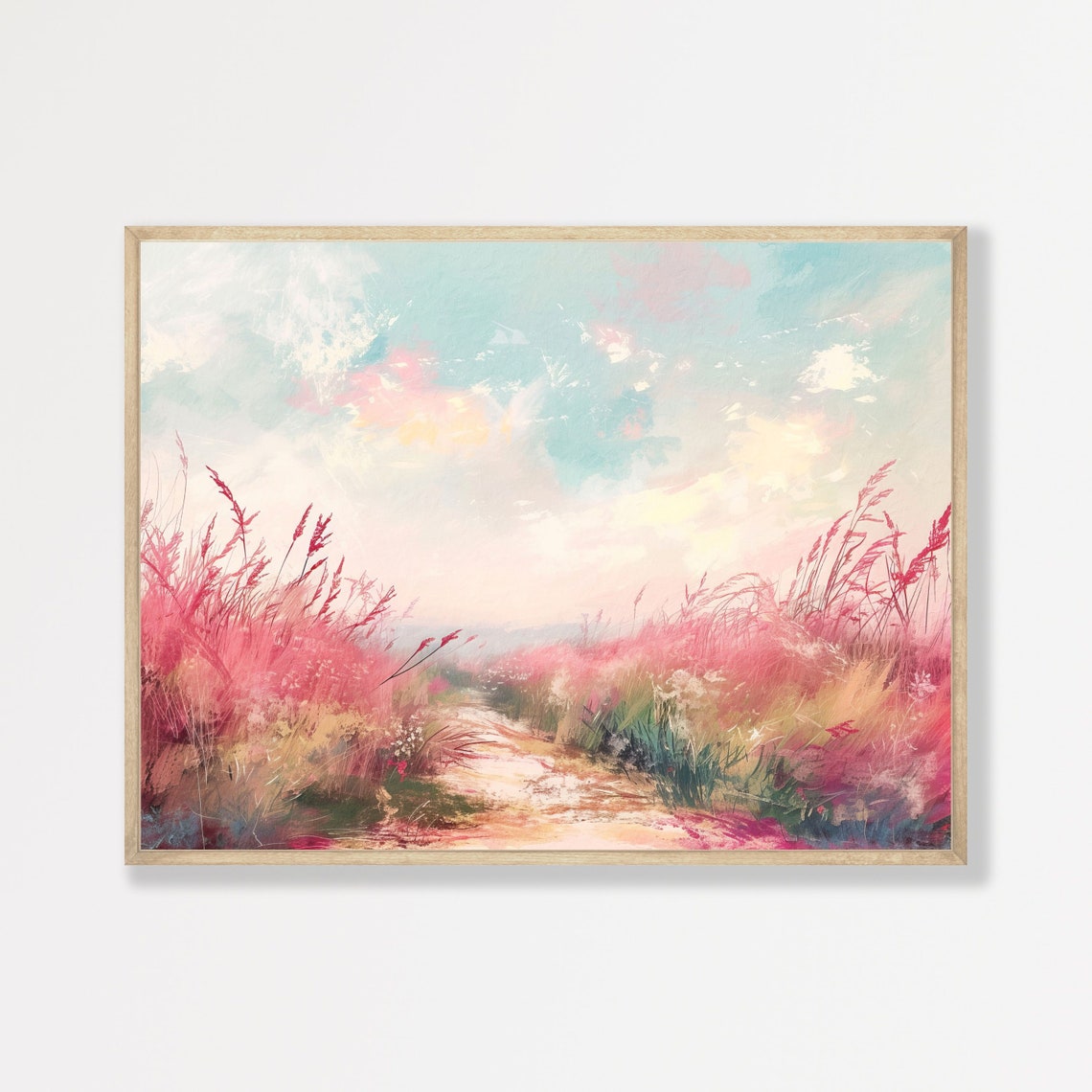 Pink Wild Grass Meadow Path Dreamy Pastel Sky Landscape Poster