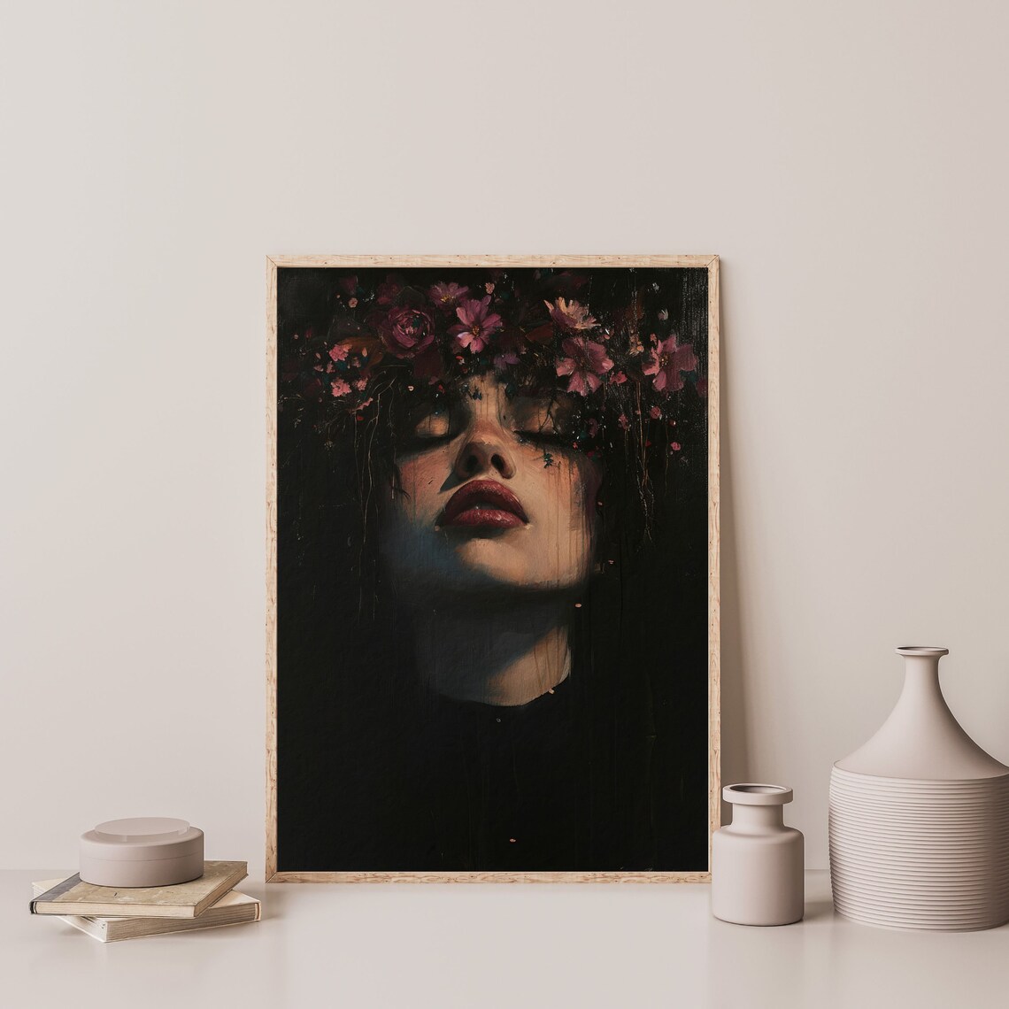 Dark Moody Woman Portrait Pink Flowers Gothic Dramatic Oil Wall Art Print - Image 3