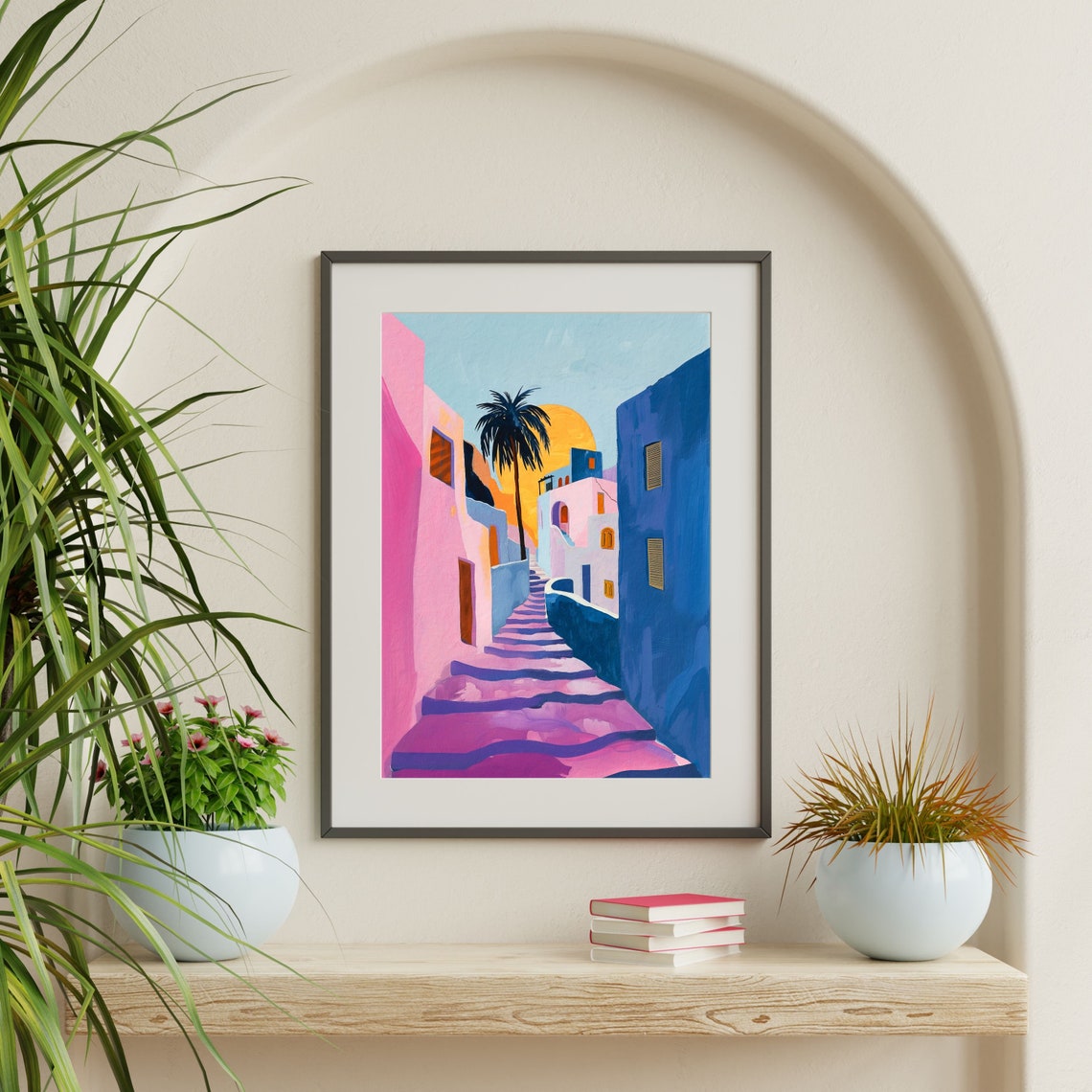 Greece Summer Street Pink Blue Buildings Palm Sunset Travel Poster - Image 2