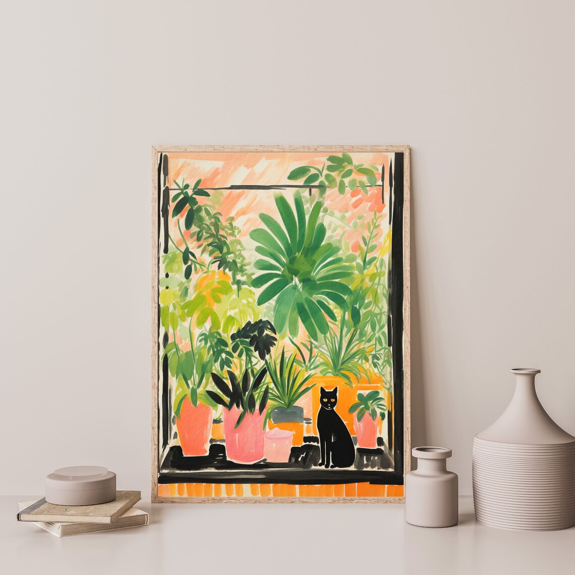 Black Cat Window Plants Colorful Botanical Kitchen Eclectic Wall Art Print - Image 3