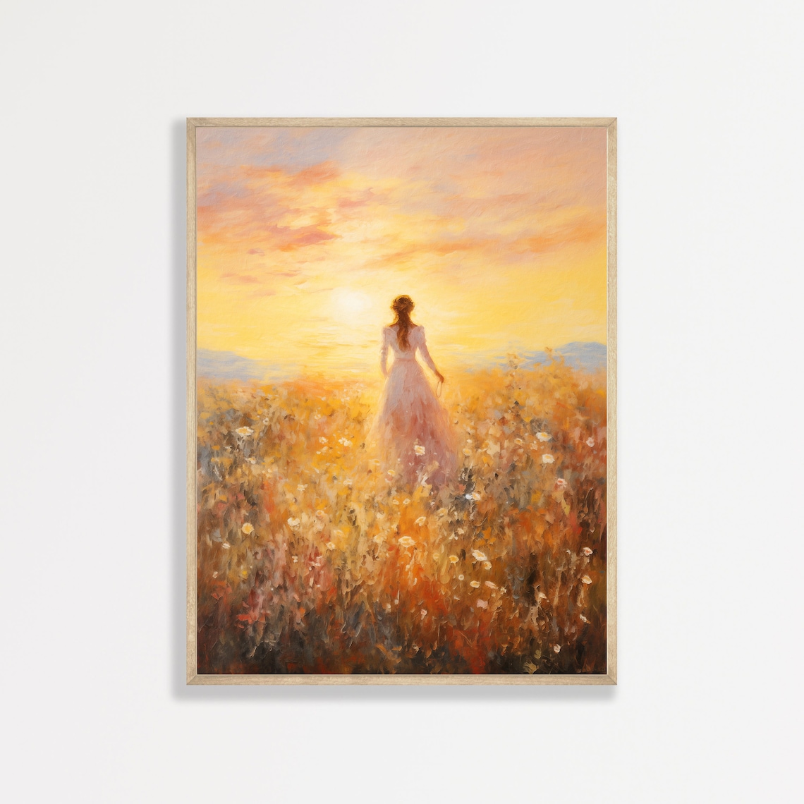 Woman in White Dress Walking Through Golden Field Sunset Wall Art