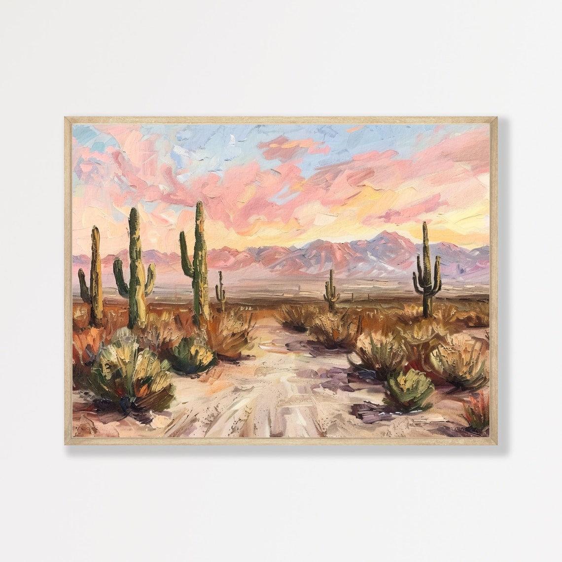 Saguaro Cactus Desert Sunset Pink Sky Mountains Landscape Poster