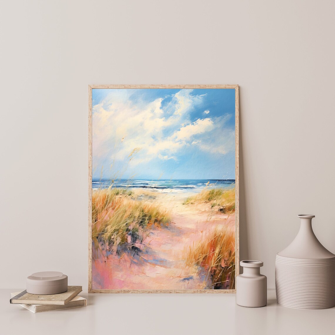 Pink Sand Dune Beach Path Golden Grass Pastel Seascape Painting Poster - Image 3