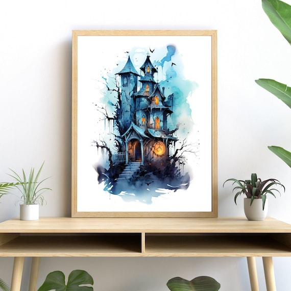 Haunted Mansion Watercolor, Spooky Halloween Decor