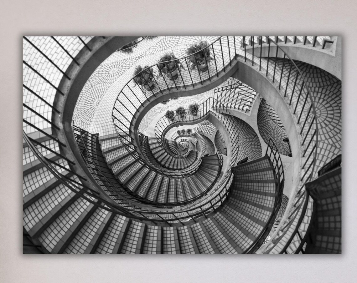 Spiral Staircase From Above Black and White Architectural Photo Poster