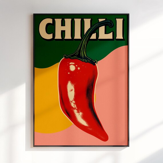 Chilli Pepper Retro Typography Poster Bold Red Pepper Kitchen Art
