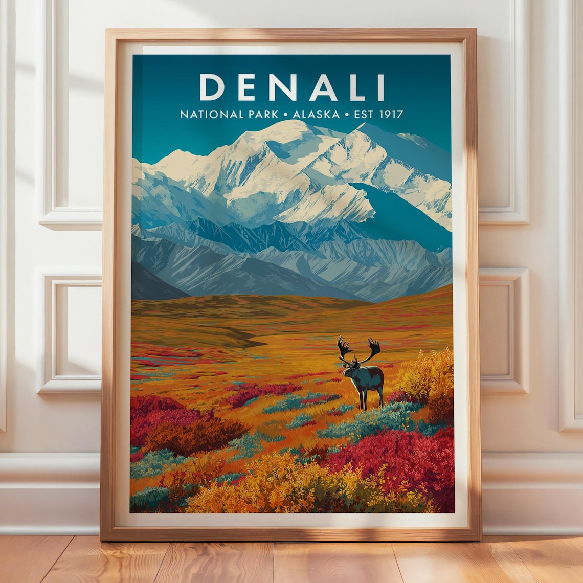 Denali National Park Alaska Autumn Moose Vintage Travel Poster