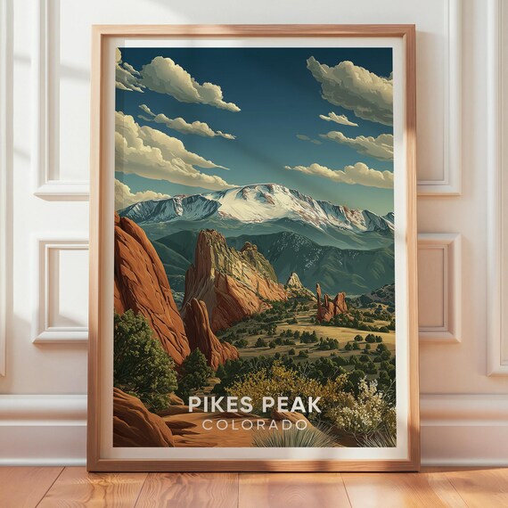 Pikes Peak Colorado Snowy Mountain Landscape Vintage Travel Poster