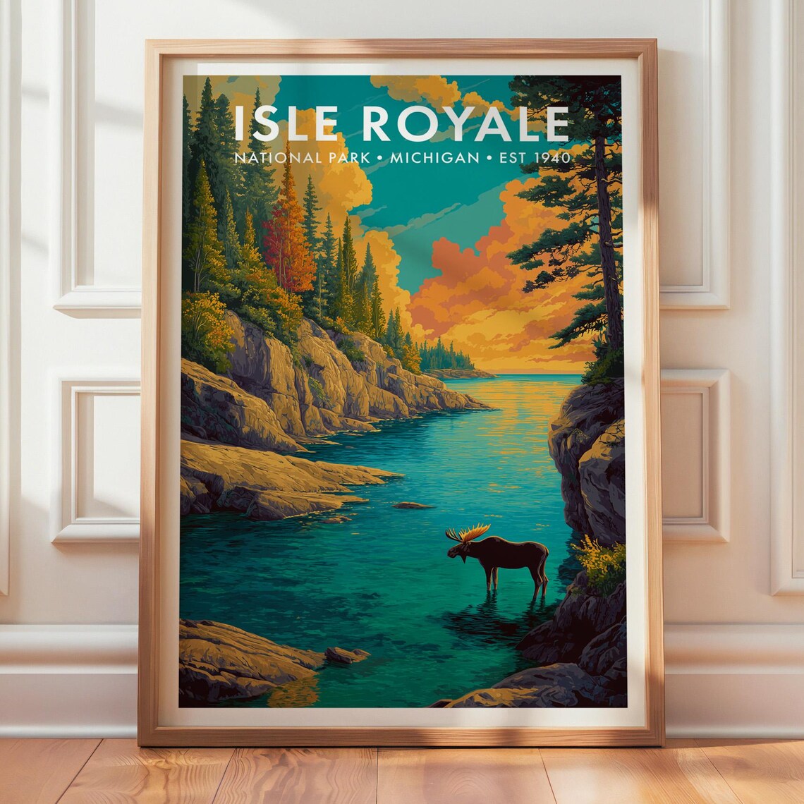 Isle Royale National Park Michigan Est 1940 Moose Retro Travel Poster