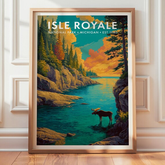 Isle Royale National Park Michigan Est 1940 Moose Retro Travel Poster
