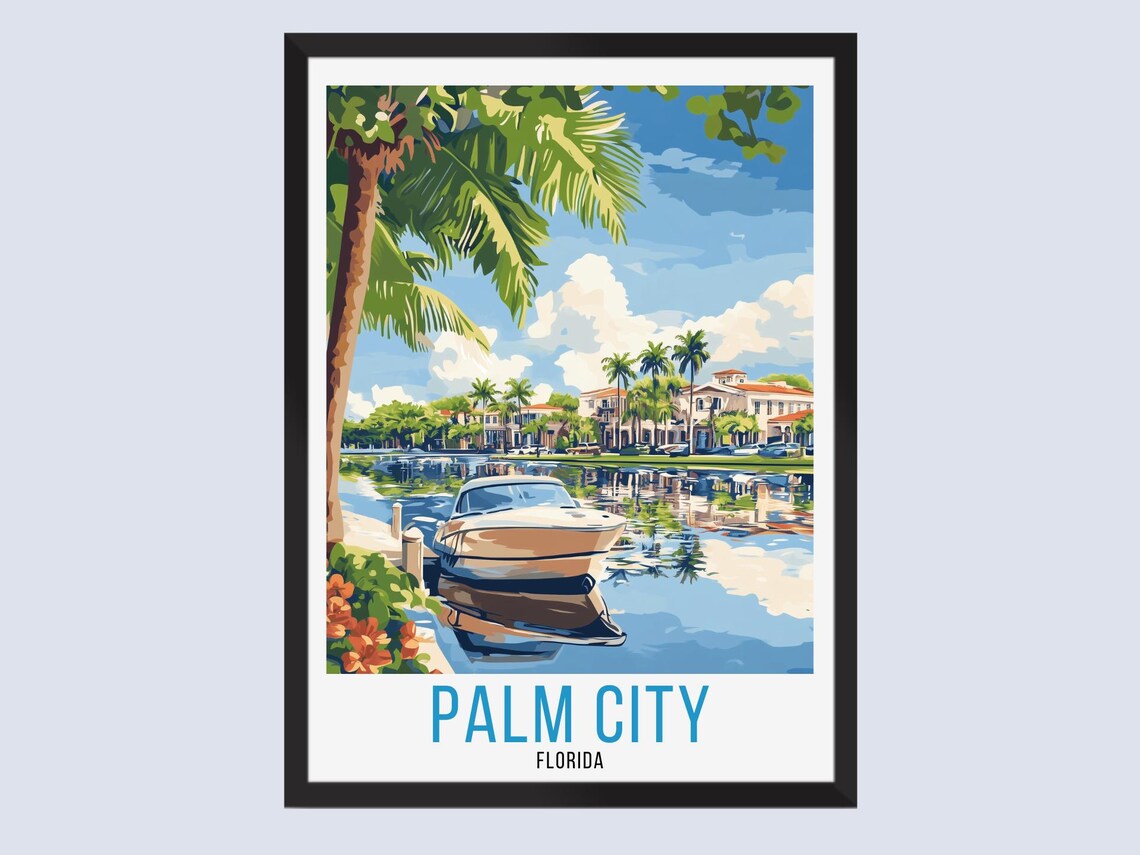 Palm City Florida Canal Boat Waterfront Vintage Travel Poster