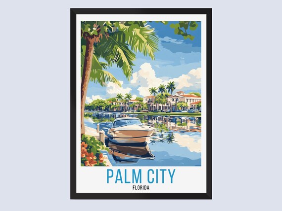 Palm City Florida Canal Boat Waterfront Vintage Travel Poster