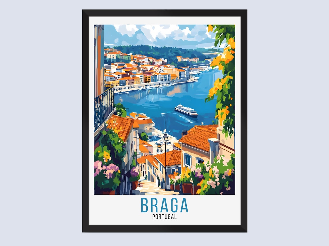 Braga Portugal Riverside Harbor Terracotta Roofs Travel Poster