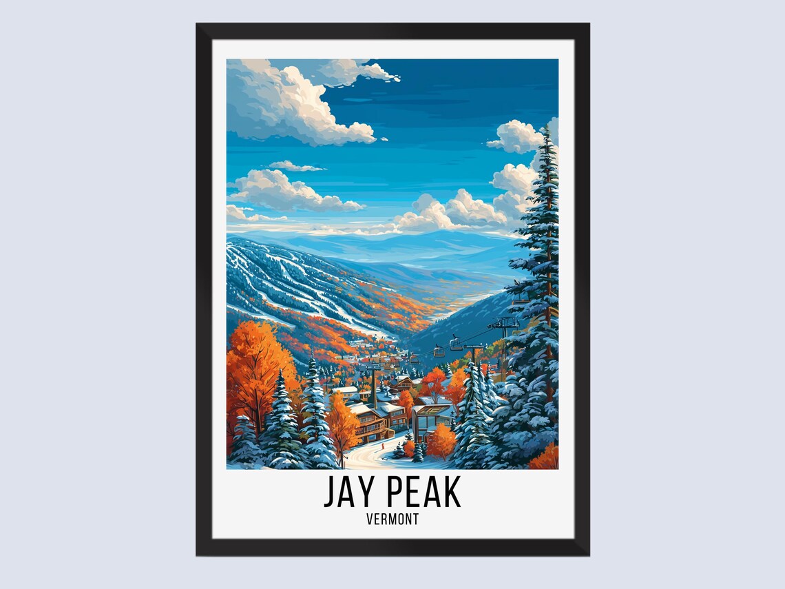 Jay Peak Vermont Snowy Mountain Resort Fall Colors Travel Poster