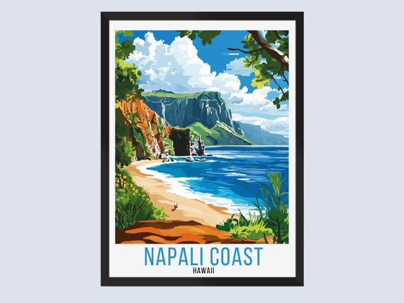 Napali Coast Hawaii Vintage Travel Art Cliffs and Waterfall Poster