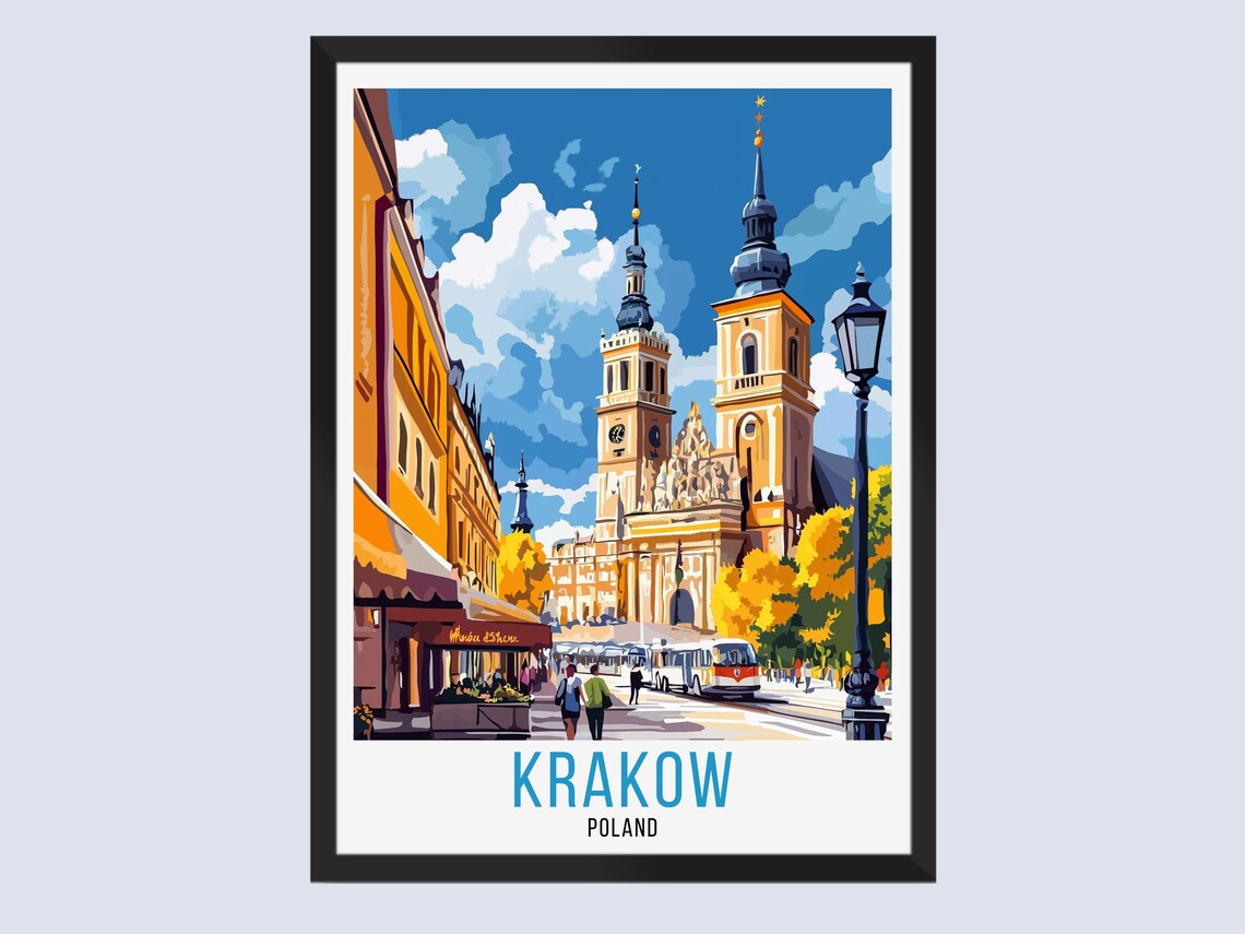 Krakow Poland Main Square Old Town Church Tram Vintage Poster
