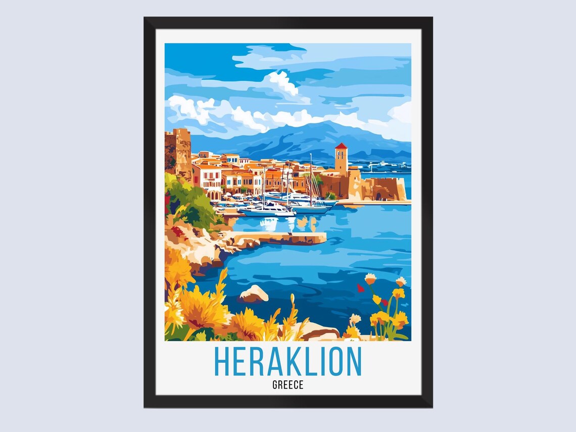 Heraklion Greece Harbor Castle Sunny Retro Seaside Travel Poster