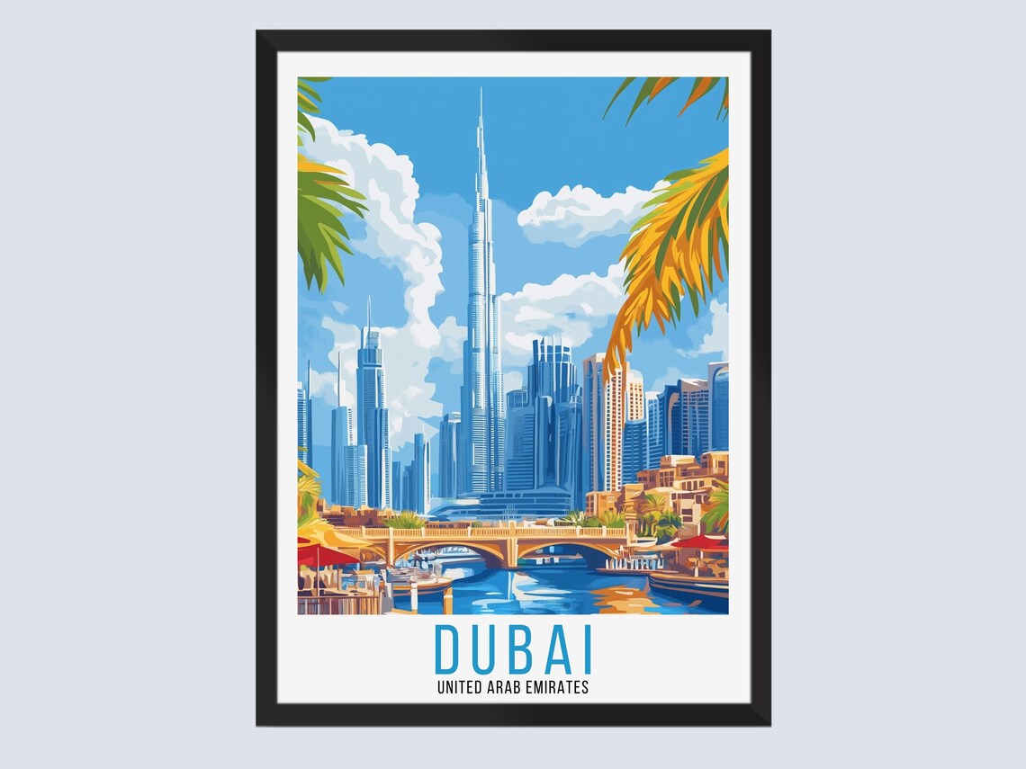Dubai United Arab Emirates Burj Khalifa Skyline Canal Travel Poster
