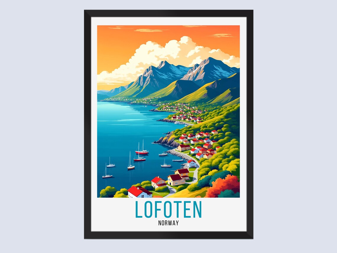 Lofoten Norway Retro Travel Poster Fjord Village Sailboats Sunset
