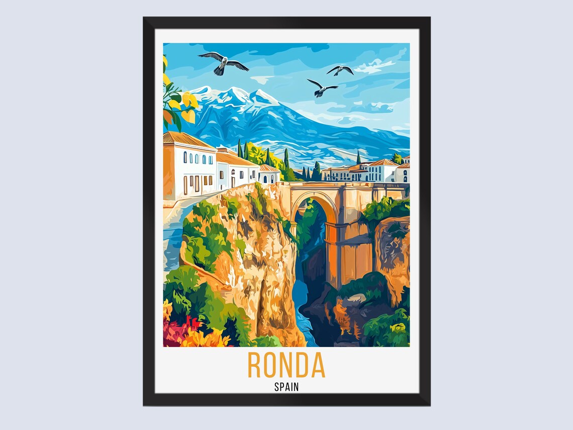 Ronda Spain Sunny New Bridge Gorge Mountain View Travel Poster
