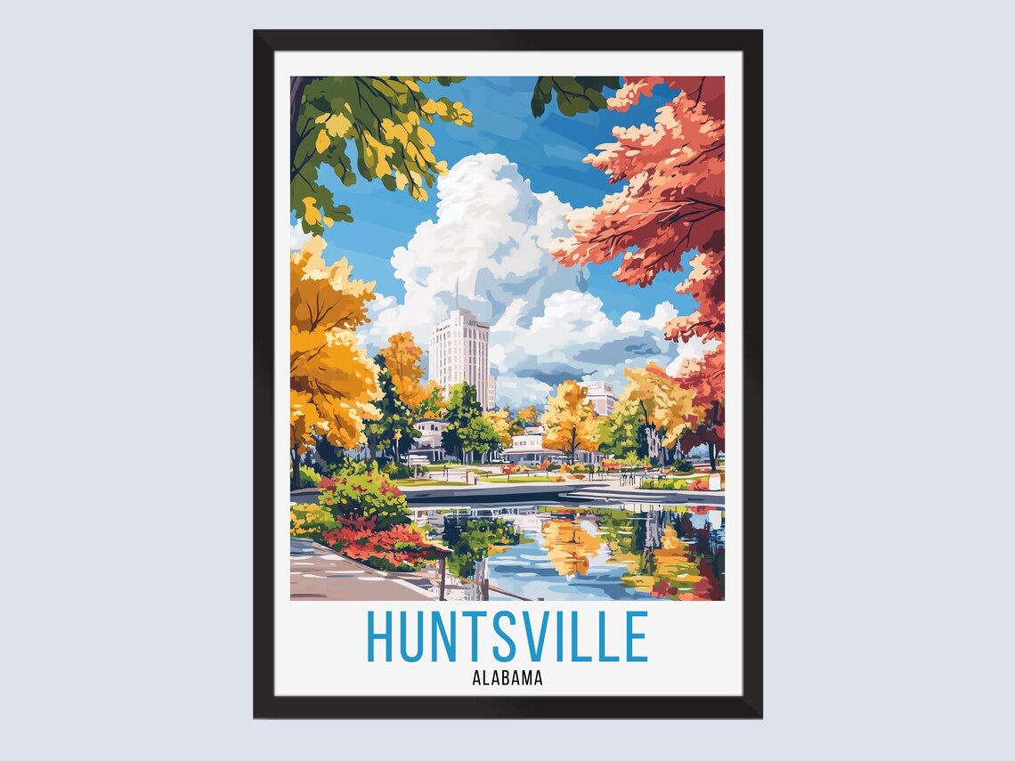 Huntsville Alabama Autumn Park Pond Reflections Vintage Travel Poster