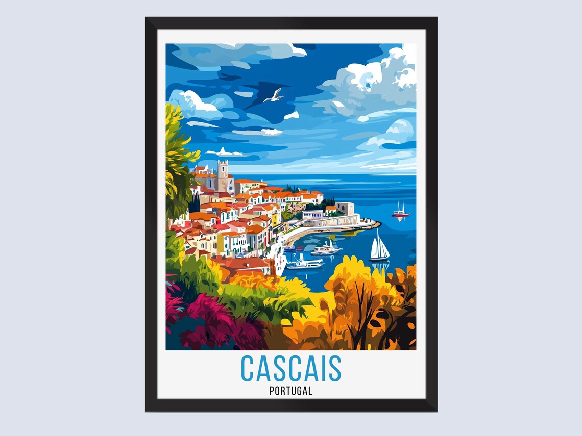 Cascais Portugal Coastal Town Sailboat Harbor Retro Travel Poster