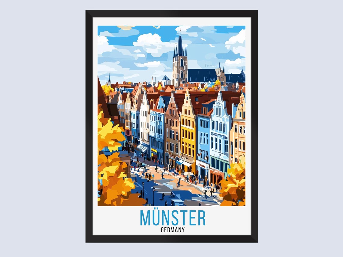Munster Germany Old Town Church Colorful Houses Travel Poster