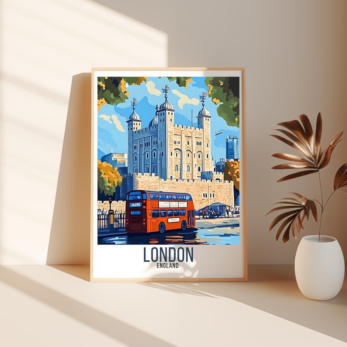 London England Tower of London Red Bus Street Vintage Poster