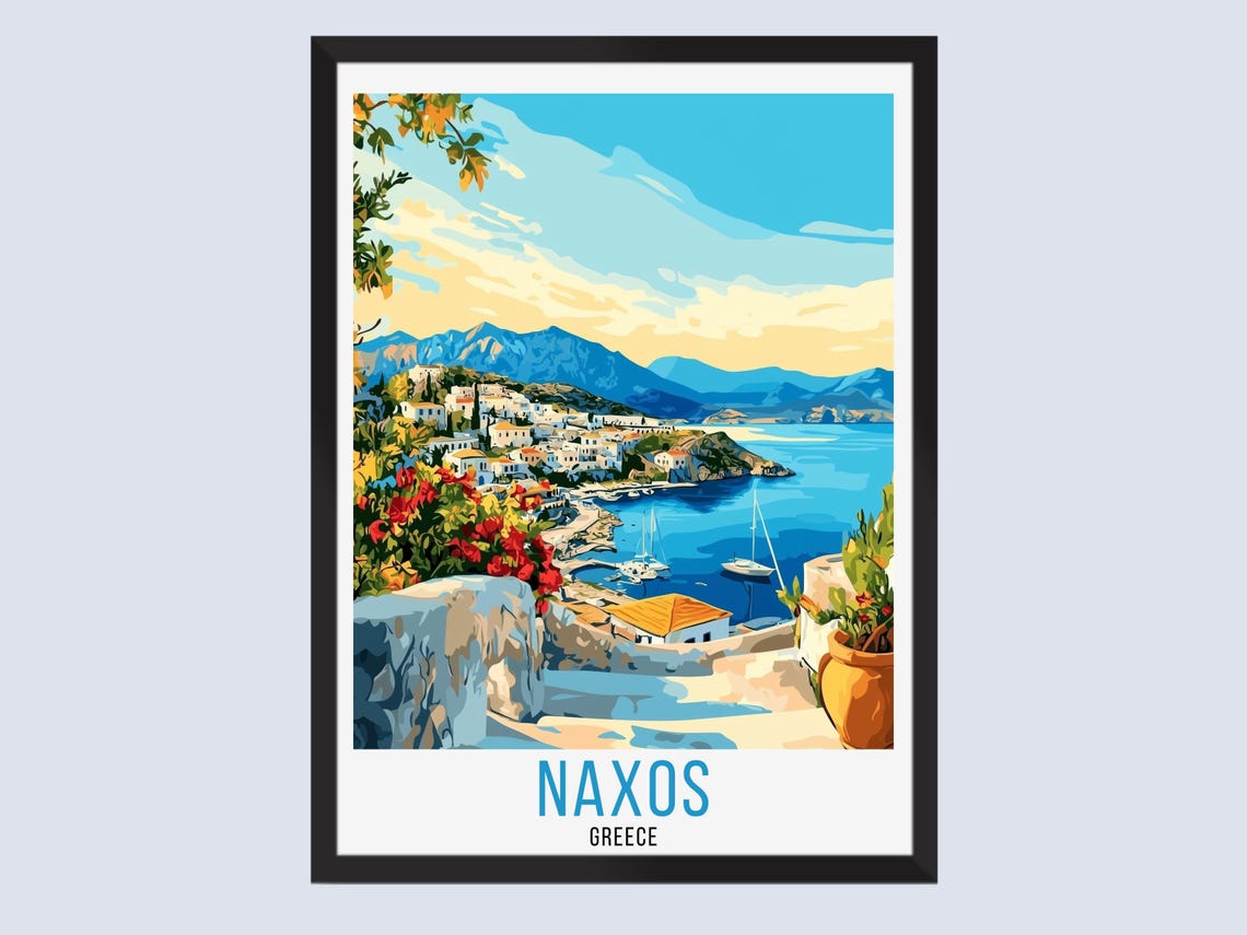 Naxos Greece Whitewashed Hillside Town Harbor Retro Travel Poster