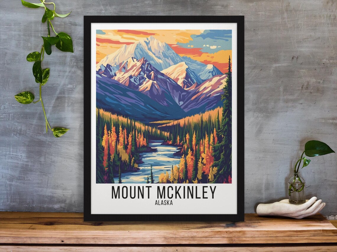 Mount McKinley Alaska Peak Autumn River Forest Vintage Poster