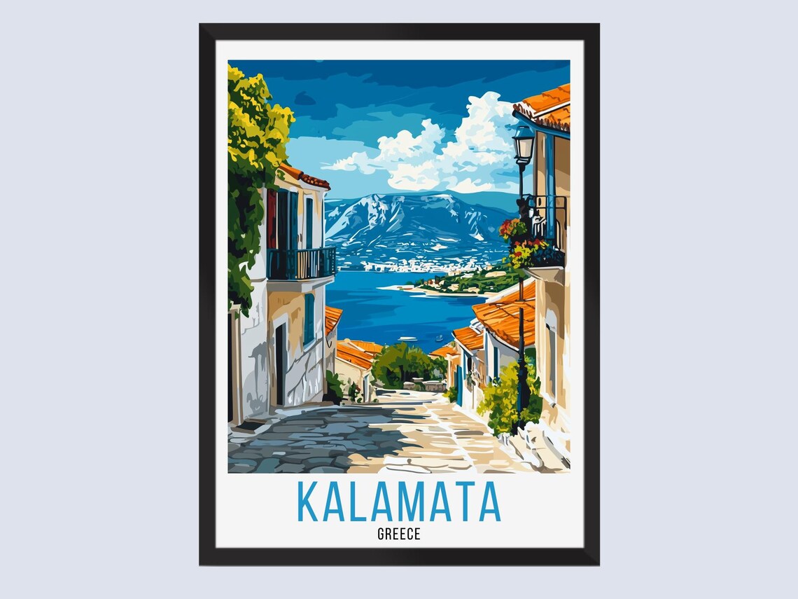 Charming Kalamata Greece Old Town Street Bay View Travel Poster
