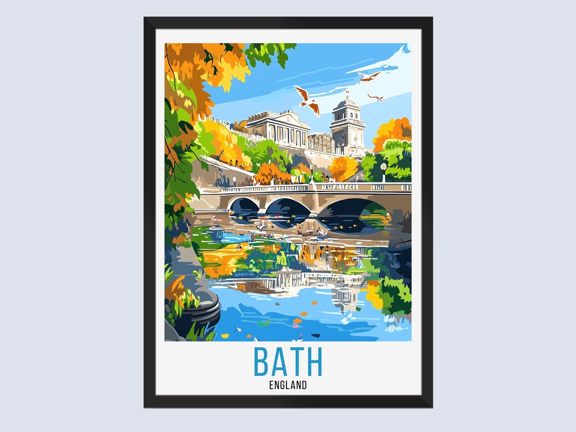 Bath England Travel Poster Pulteney Bridge River Weir Vintage Art