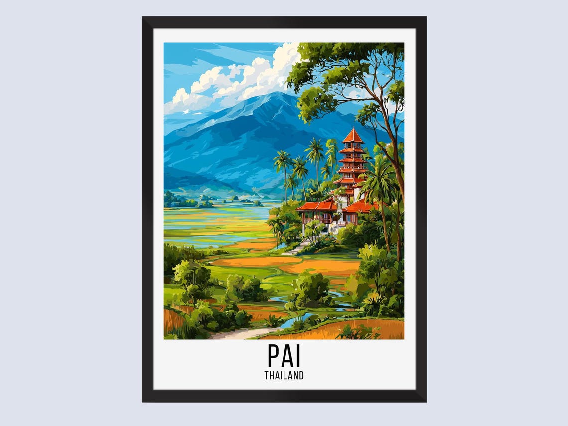 Pai Thailand Temple Overlooking Rice Fields Mountains Travel Poster