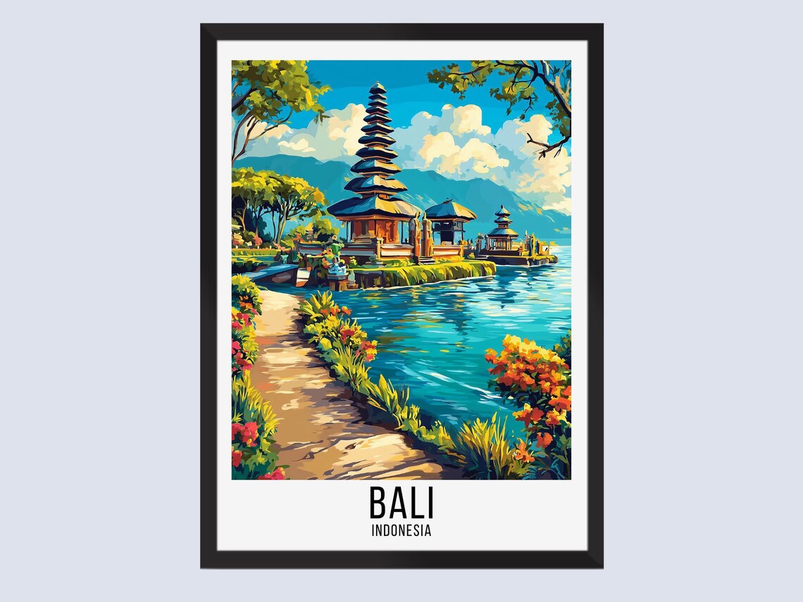 Bali Indonesia Lake Temple Pagoda Gardens Vintage Travel Poster