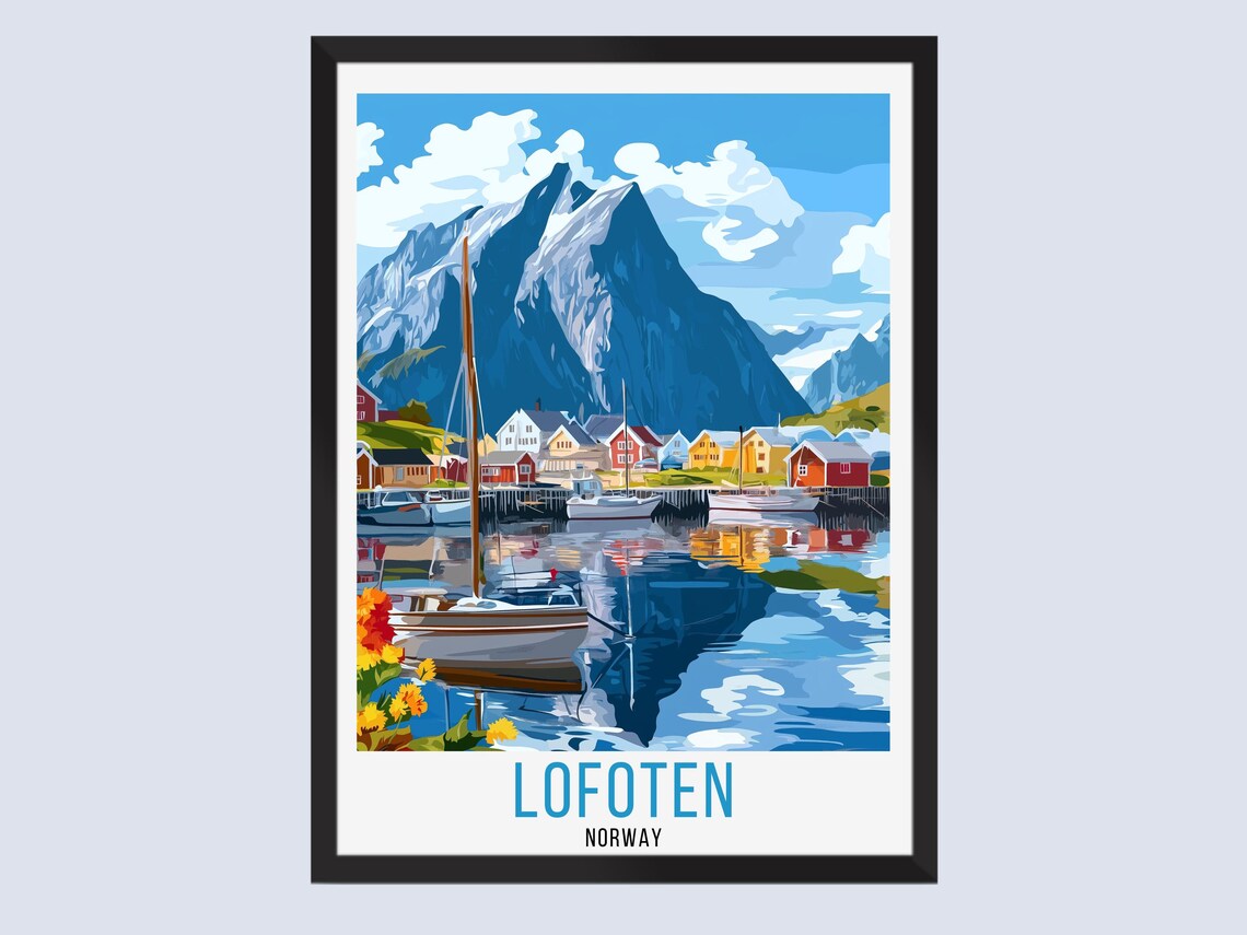 Lofoten Travel Poster, Norway Landscape Art Print