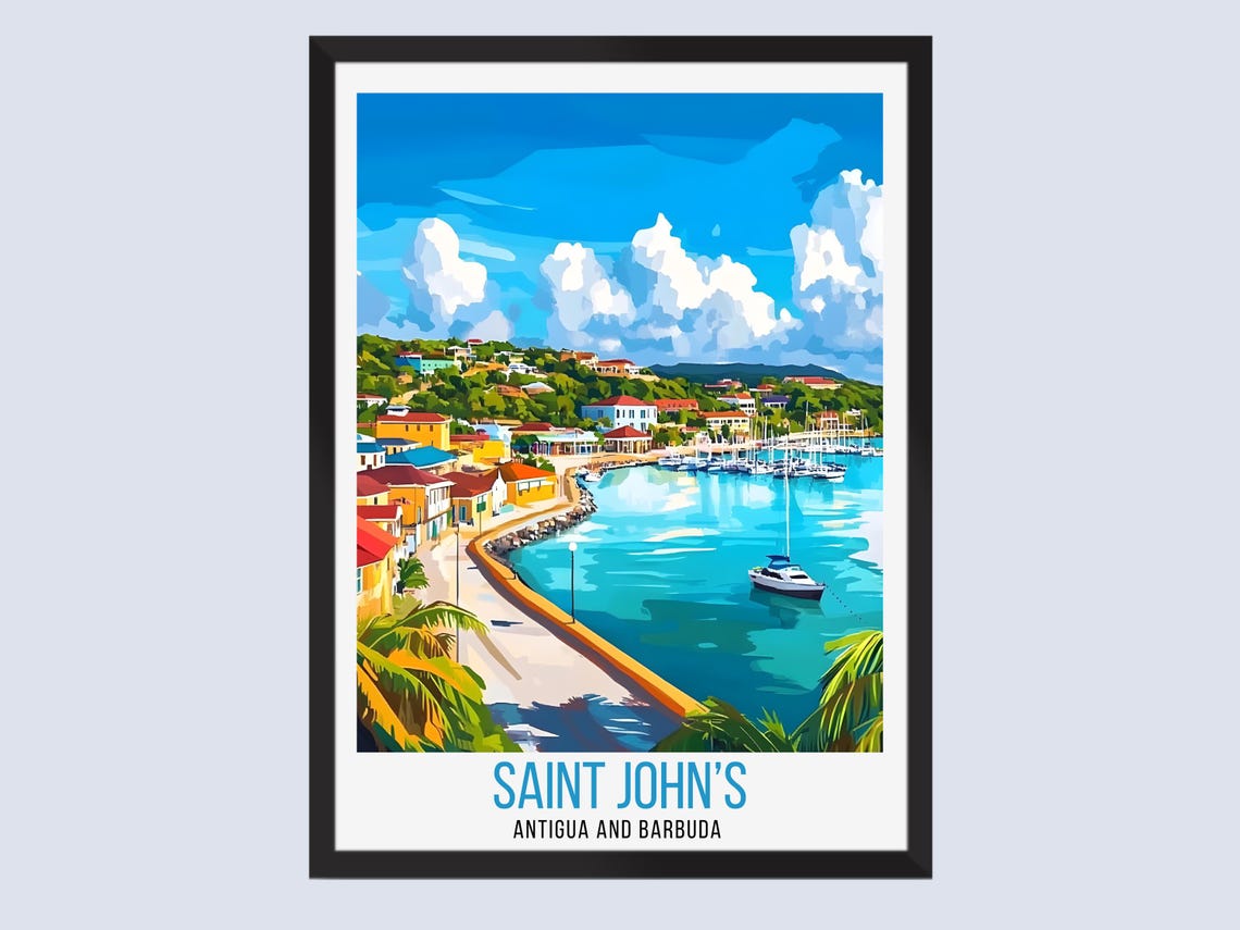 Saint Johns Antigua Harbor Colorful Waterfront Travel Poster