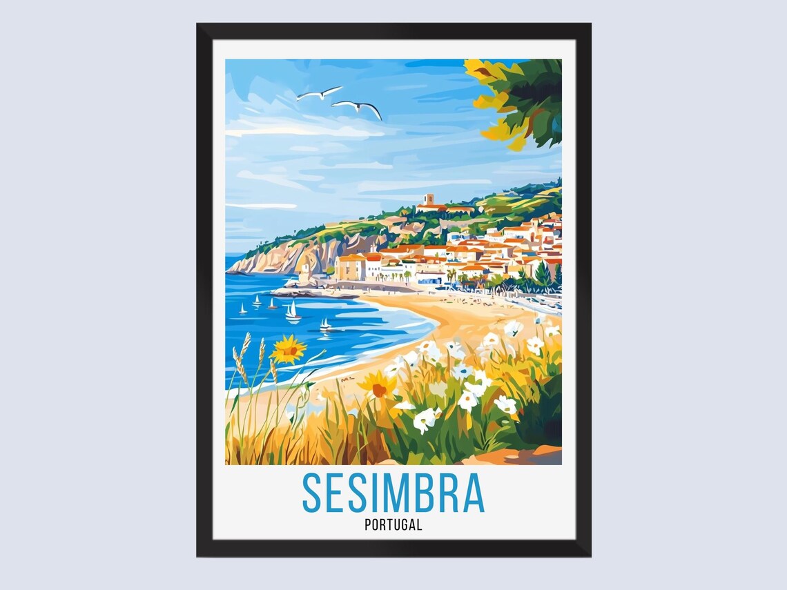Sesimbra Portugal Sandy Beach Coastal Bay Vintage Travel Poster