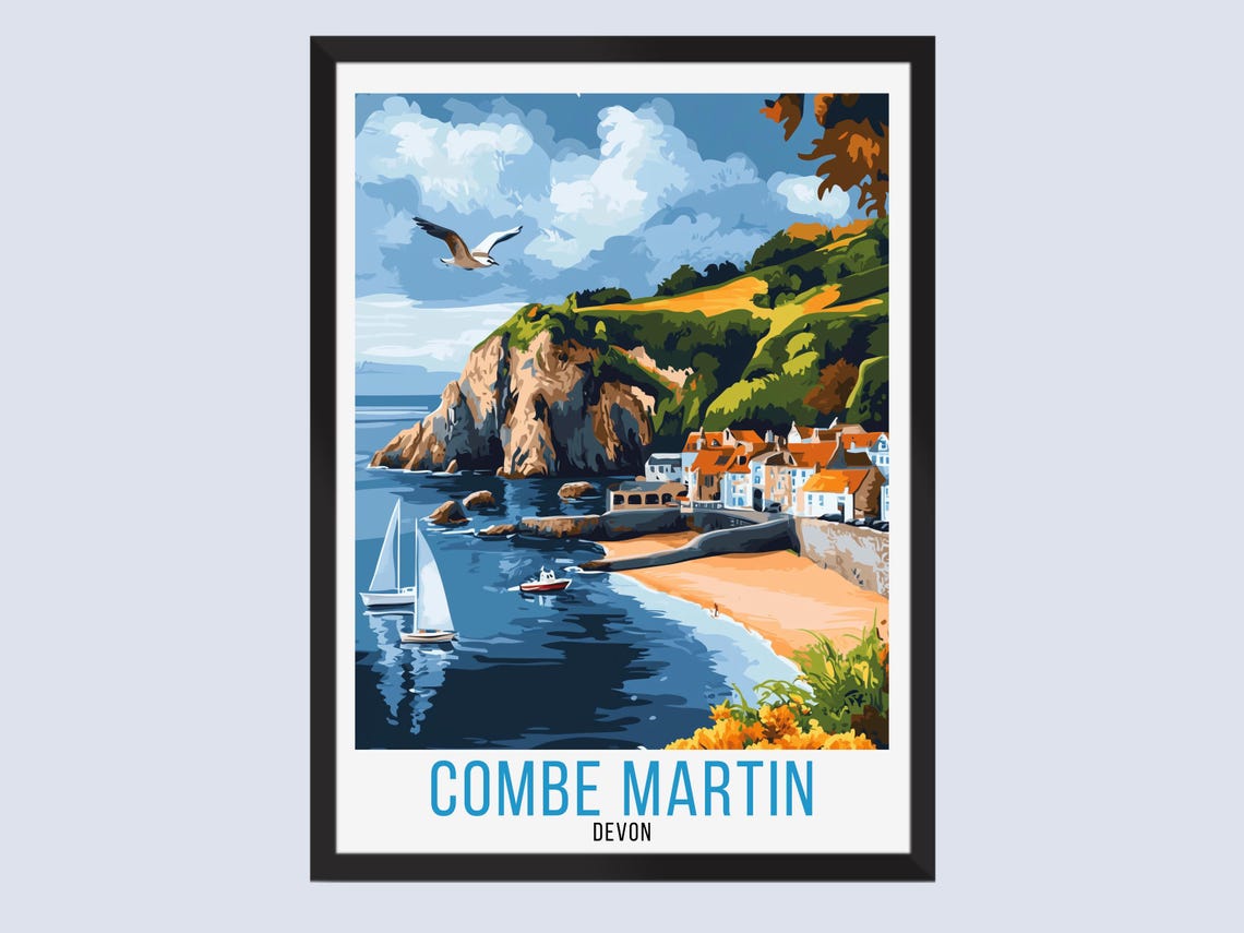 Combe Martin Devon Harbour Sailboats Retro Coastal Travel Poster