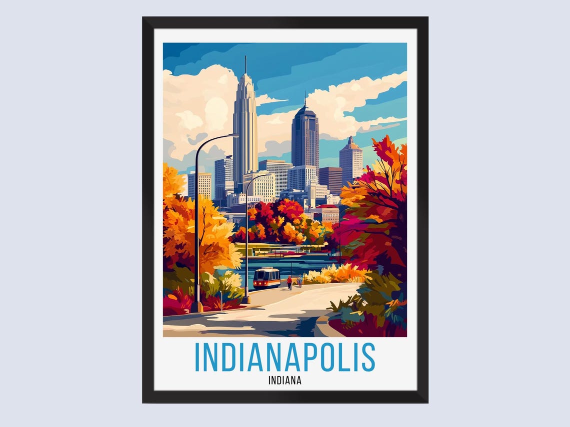Indianapolis Indiana Retro Travel Poster Fall Foliage City Skyline